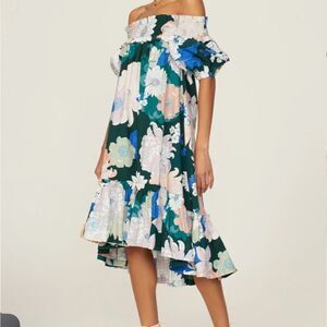 Cara Cara Zinnia Green Floral Off the Shoulder Midi Dress| Size 6